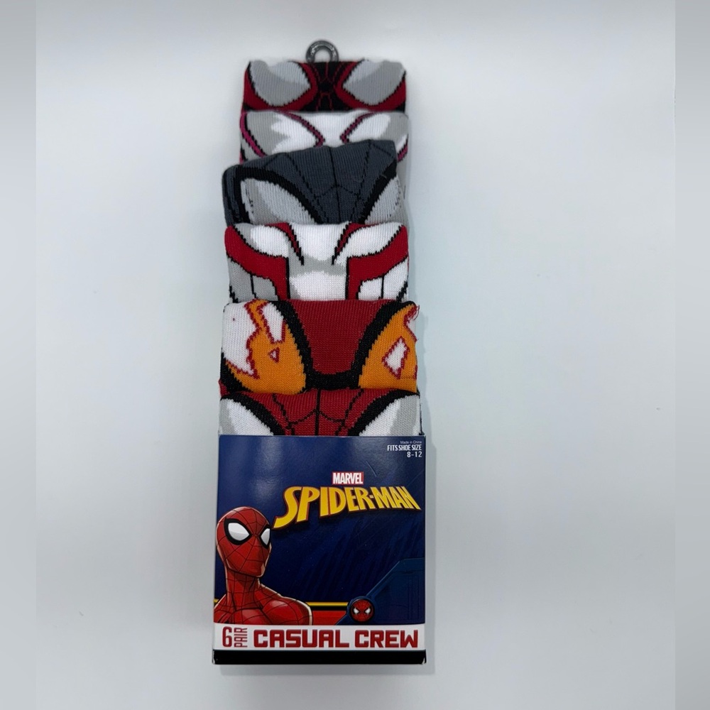 Spiderman Across The Spider Verse 6 Pair CREW SOCKS Men Size 8-12 Bioworld NEW